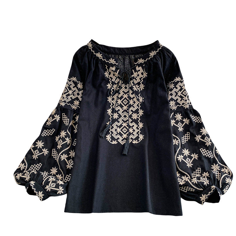 Retro Embroidered Puff Sleeve Shirt For Women