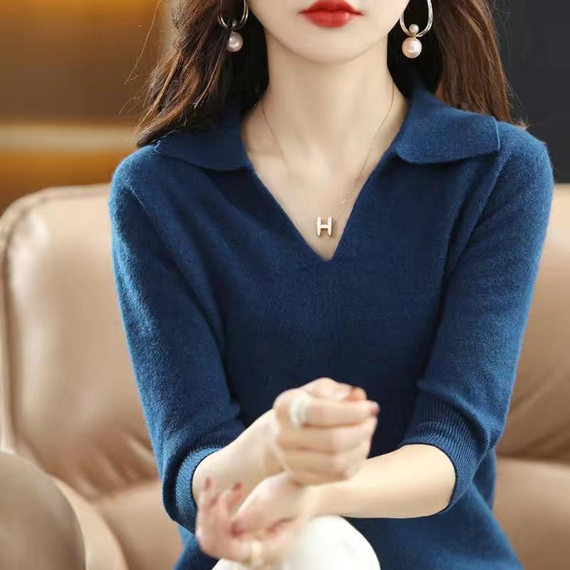 Five-Quarter Sleeve Lapel Sweater Base Layer Womens Top