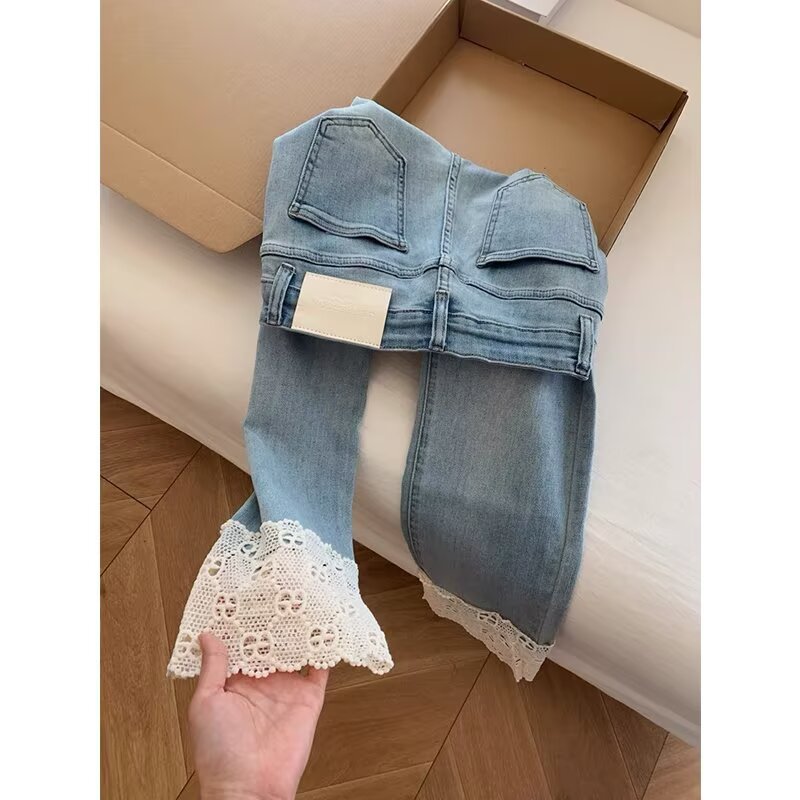 Women's Fashionable Retro Lace Straight-Leg Denim Jeans