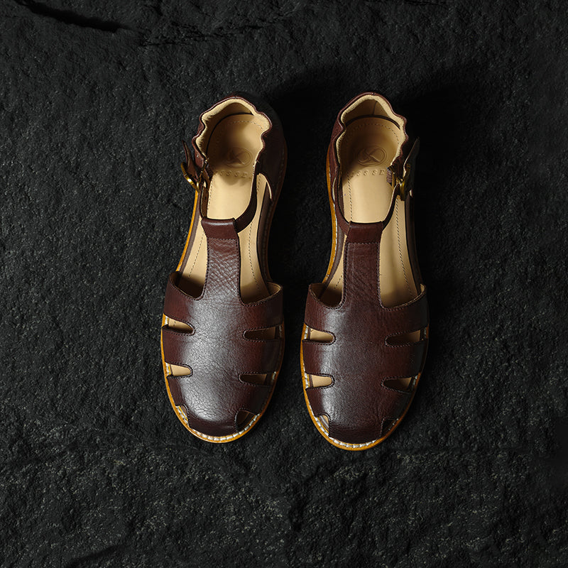 Retro Roman Closed Toe Leather Sandals, Premium Full Grain T-Strap Flats