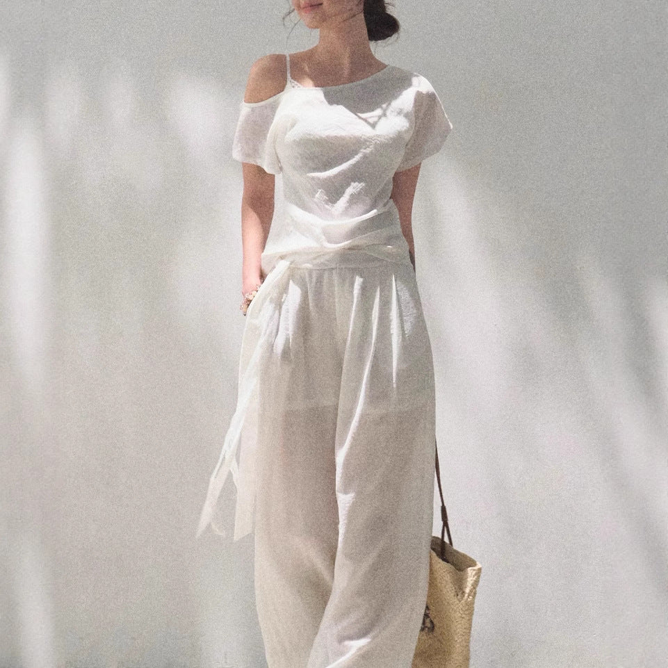 Linen Off-Shoulder Patchwork Casual Pant Set