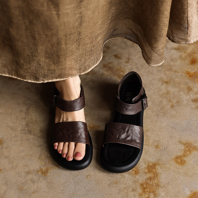 Women's Washed Full Grain Leather Platform Sandals, Two Strap Buckle Flat Shoes