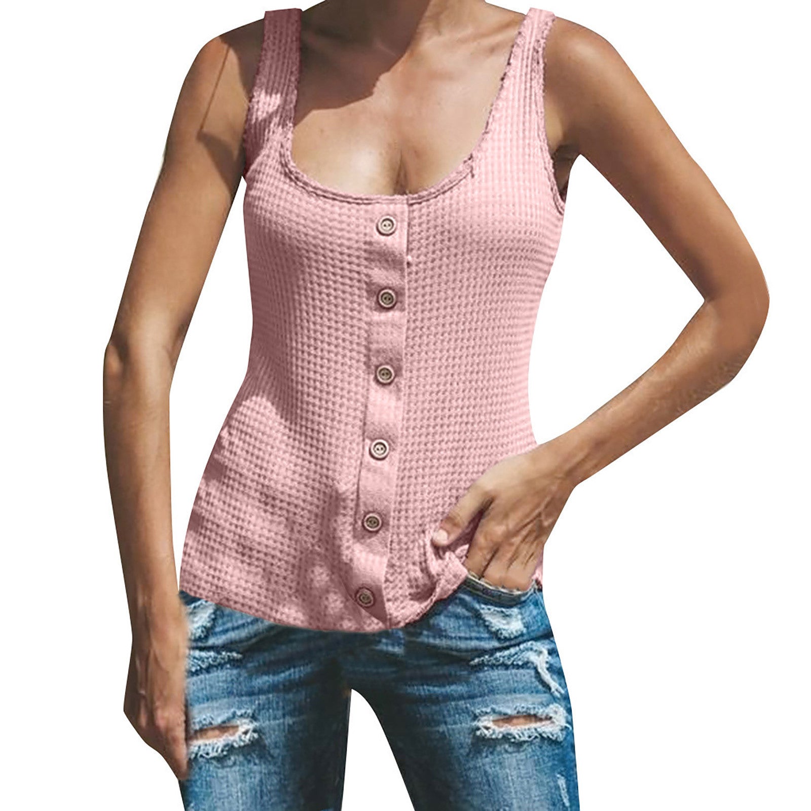 Women's U-neck Solid Color Sleeveless Breasted Vest T-shirt Top