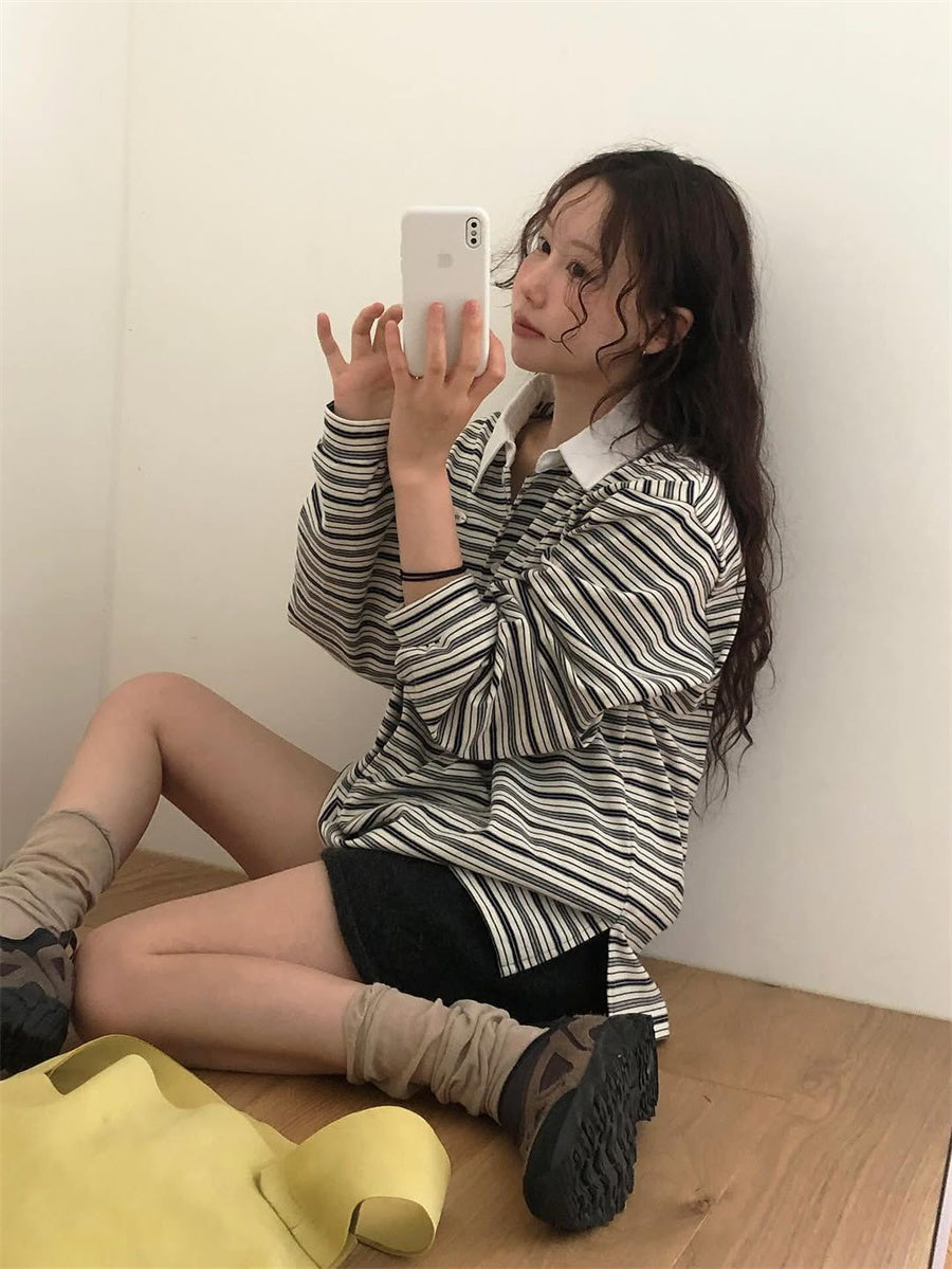 Simple Style Loose Striped Contrast Color Polo Collar Long Sleeve Top