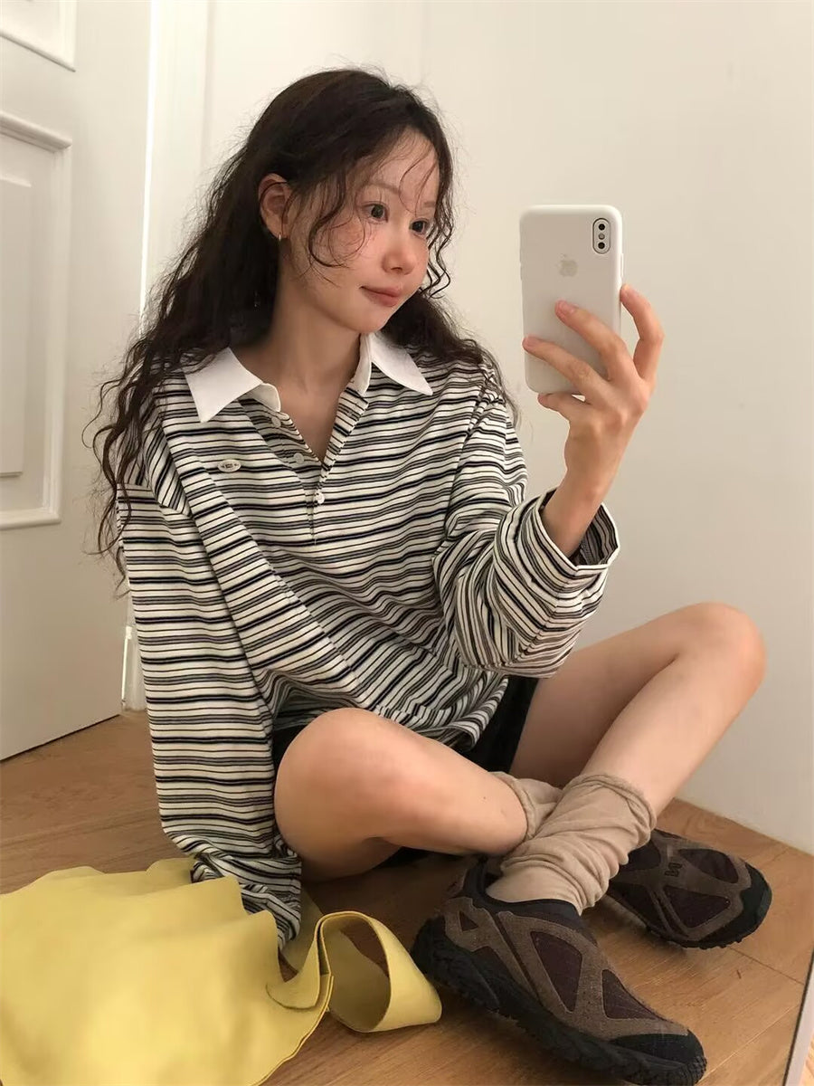 Simple Style Loose Striped Contrast Color Polo Collar Long Sleeve Top