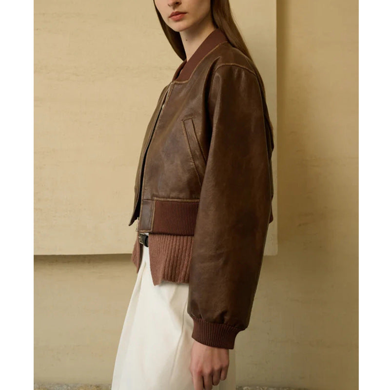 Stylish Zippered Leather Jacket With A Retro Biker-inspired Design And Long Sleeves