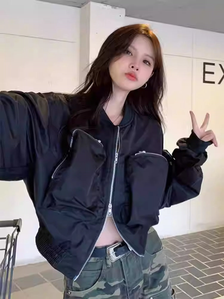 Casual Black Workwear-style Baseball Jacket Short Coat