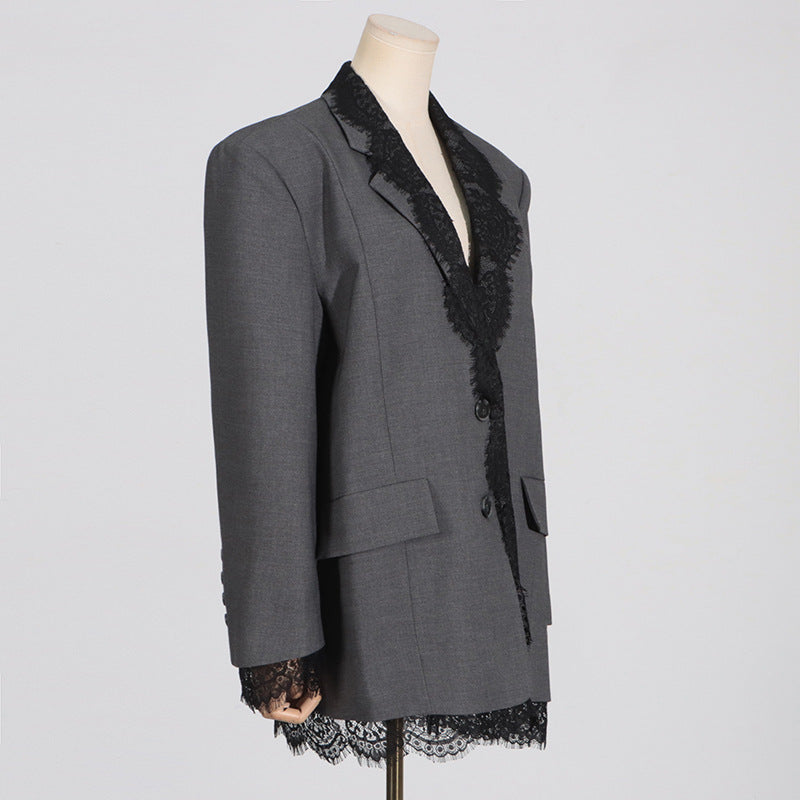 Lace-Panel Design Statement Long-Sleeve Structured Blazer For Women