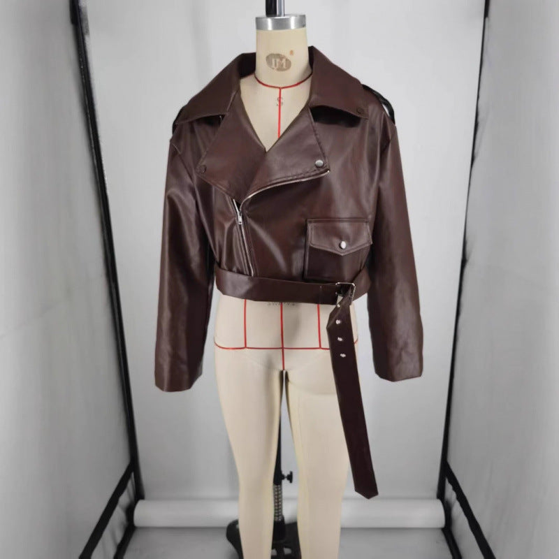 Turn-down Collar Short  Laced Brown Leather Jacket