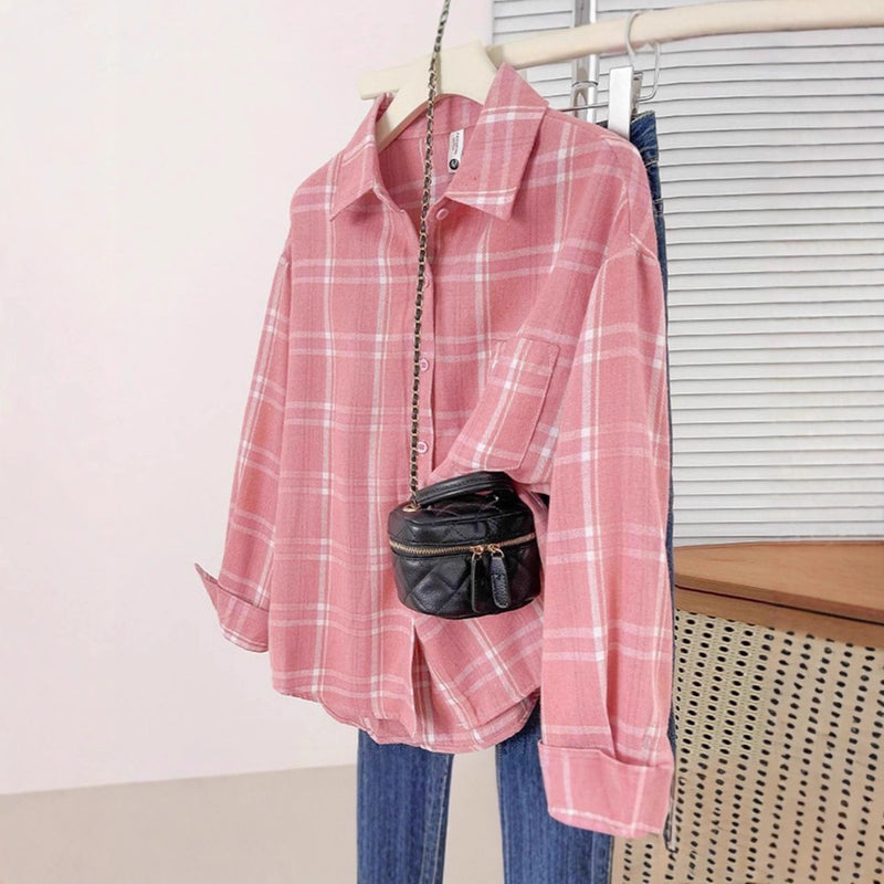 Hong Kong-style Vintage Plaid Shirt For Women