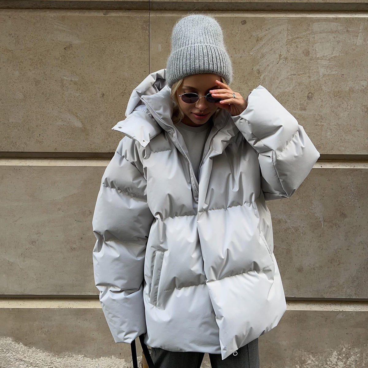 Cotton-padded Coat Loose-fit Cotton Jacket Solid-color Hooded Cotton Garment