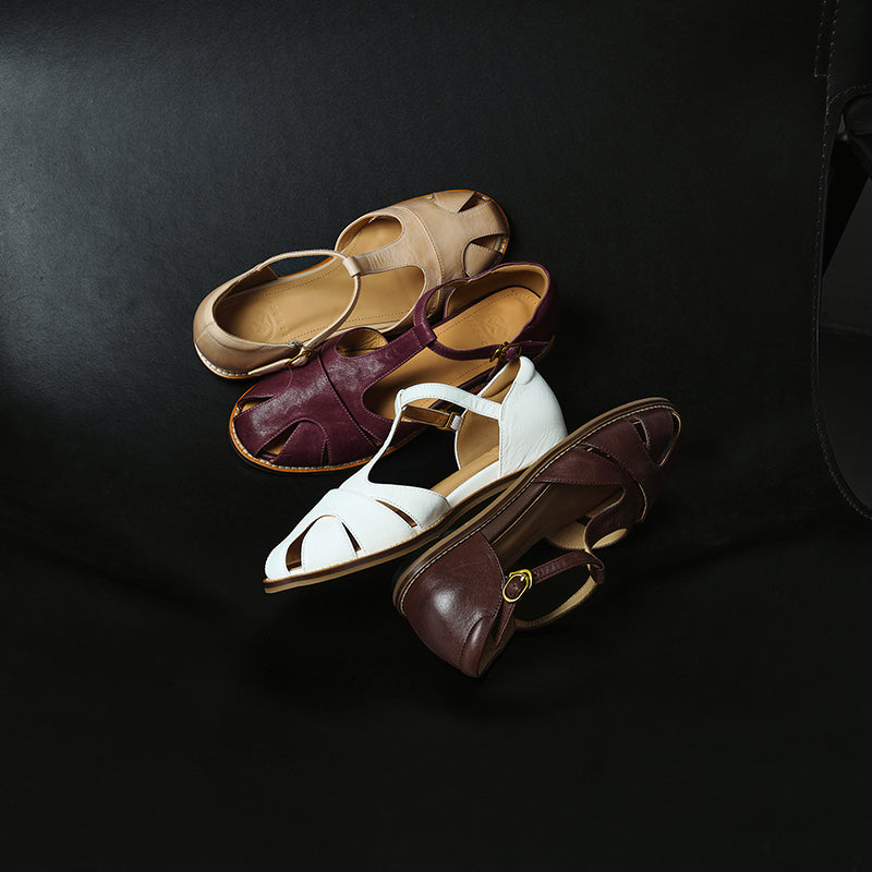 Women's Premium Full Grain Leather T-Strap Fisherman Sandals, Closed-Toe Flat Shoes