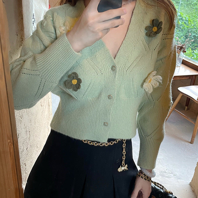 Short Green Flower Sweater Top For Women