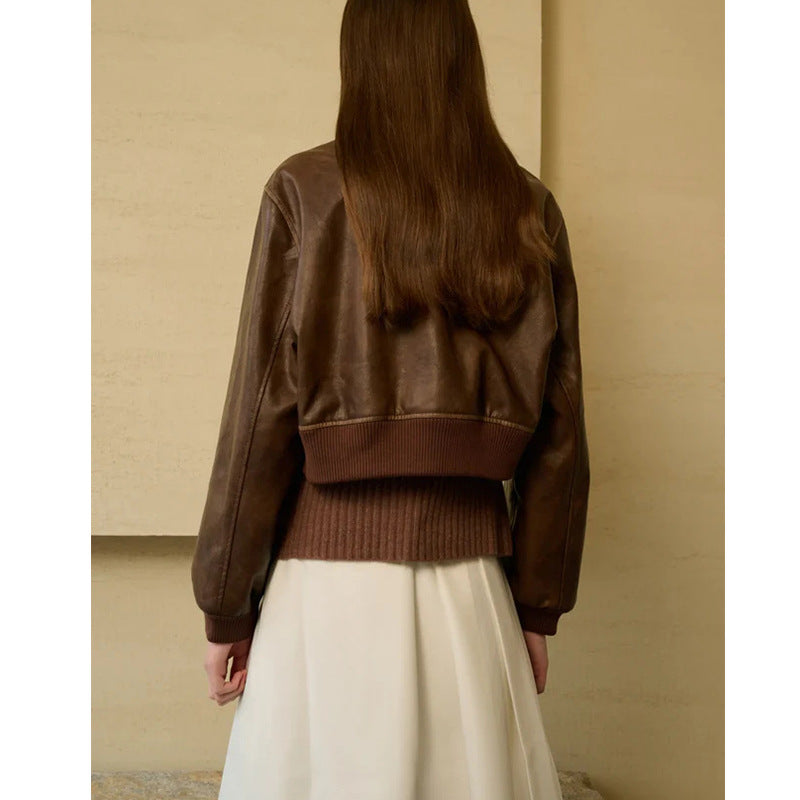 Stylish Zippered Leather Jacket With A Retro Biker-inspired Design And Long Sleeves