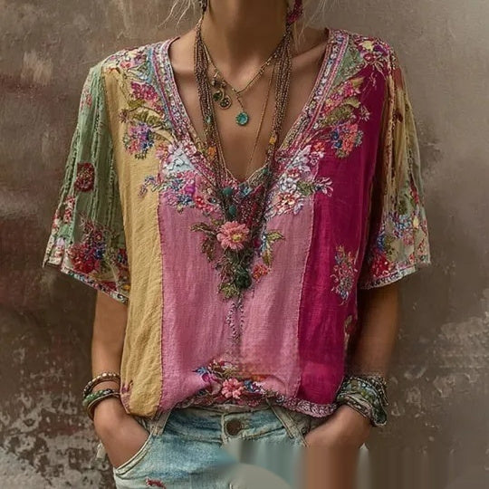 Womens V neck 3D printed Short sleeve Top With An Elegant  Artistic  And Vintage Vibe