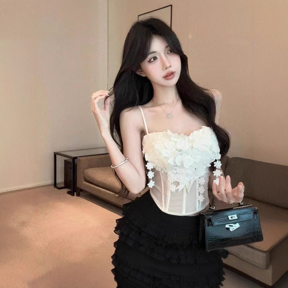 Sexy Chic Fishbone Mesh Sheer Layered 3D Flower Tube Top Camisole With Padded Bra Lace Top