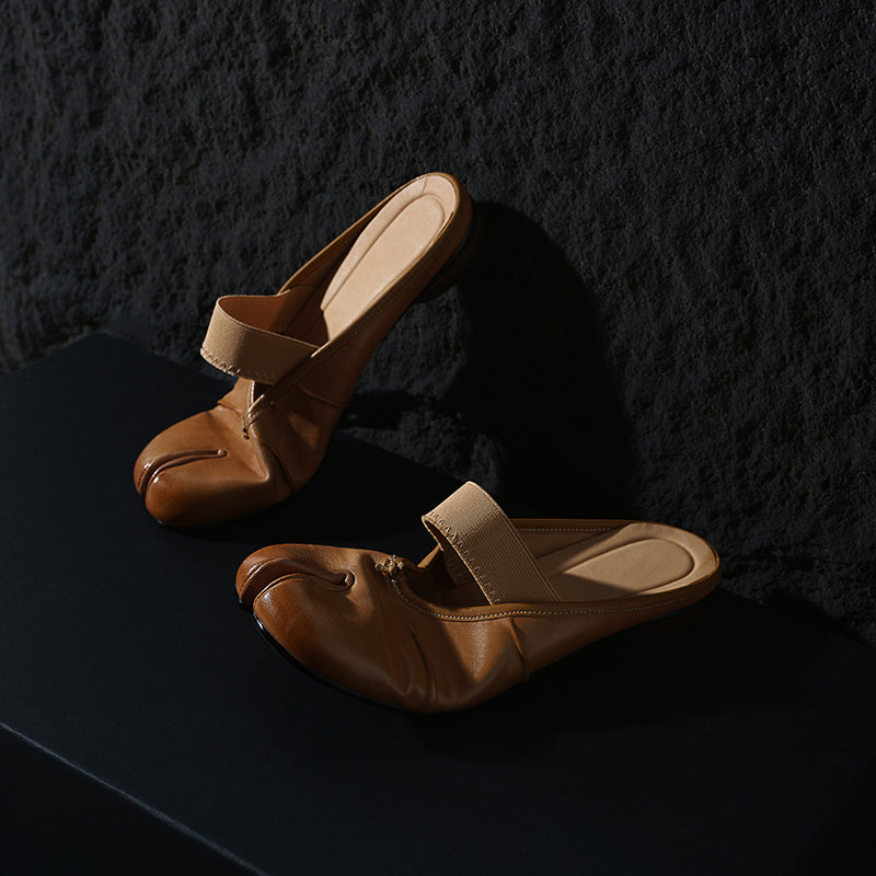 Women's Premium Washed Full Grain Leather Split-Toe Tabi Mules, Elastic Strap Ballet Flats