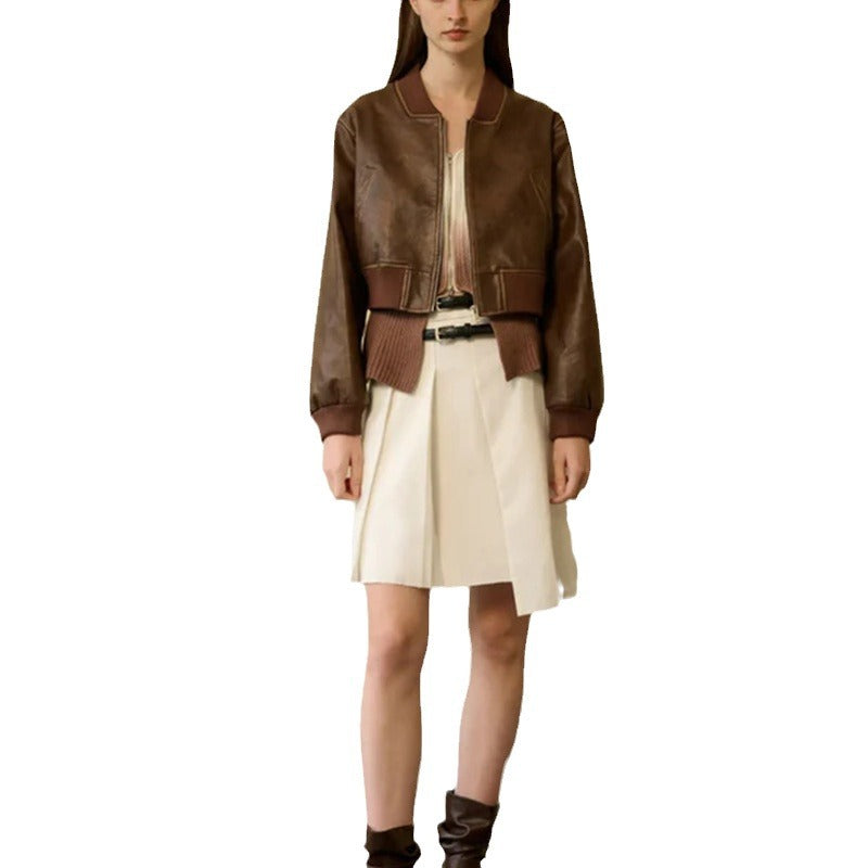 Stylish Zippered Leather Jacket With A Retro Biker-inspired Design And Long Sleeves