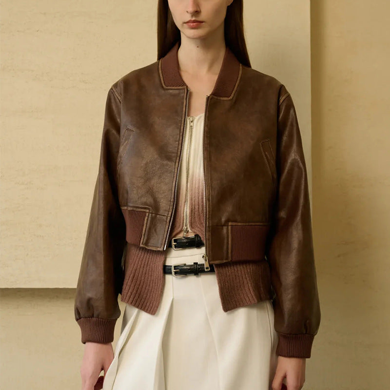 Stylish Zippered Leather Jacket With A Retro Biker-inspired Design And Long Sleeves
