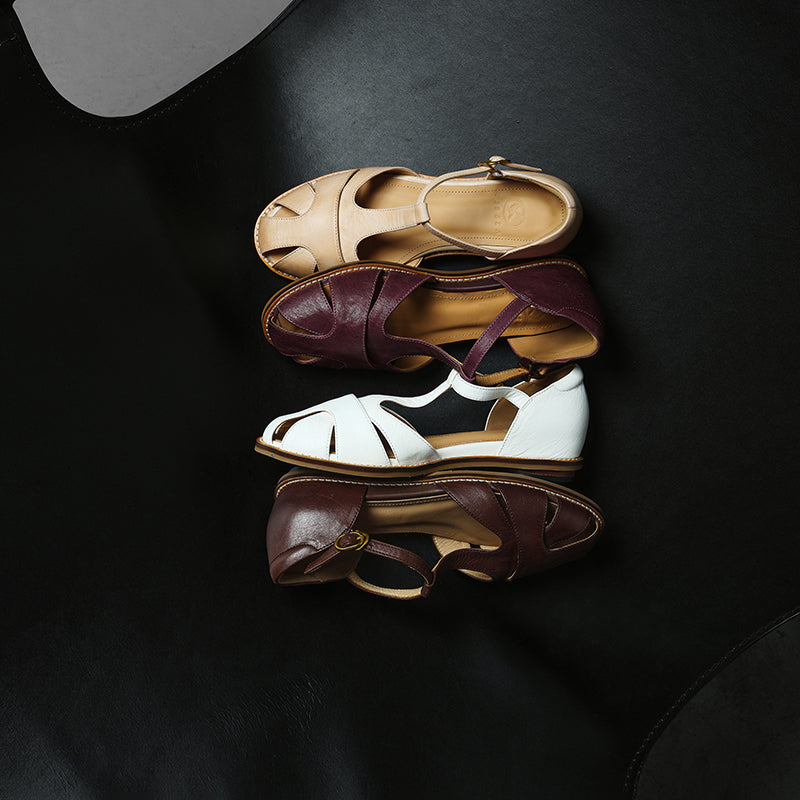 Women's Premium Full Grain Leather T-Strap Fisherman Sandals, Closed-Toe Flat Shoes