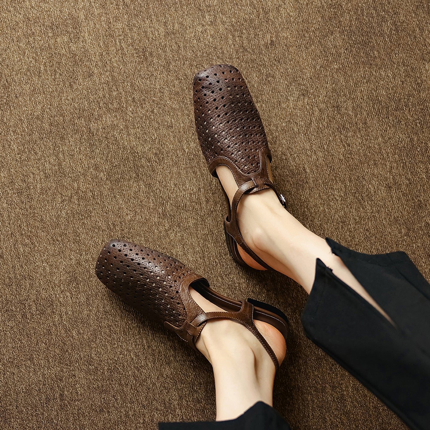 Women's Washed Full Grain Leather Slingback Sandals, Perforated T-Strap Closed-Toe Flat Shoes