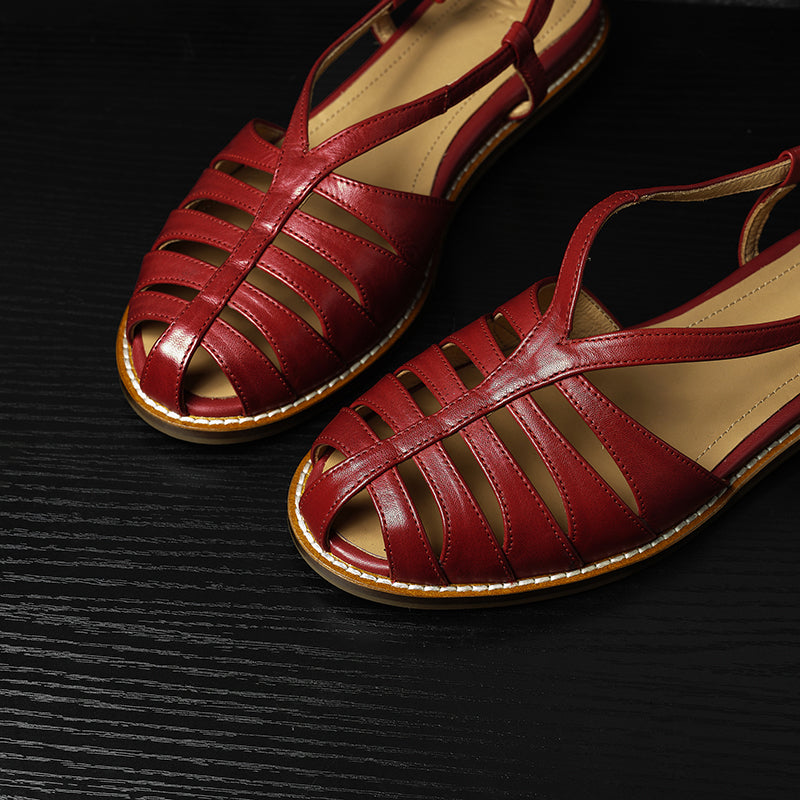 Women's Premium Full Grain Leather Woven Roman Sandals, Closed Toe Slingback Flat Shoes