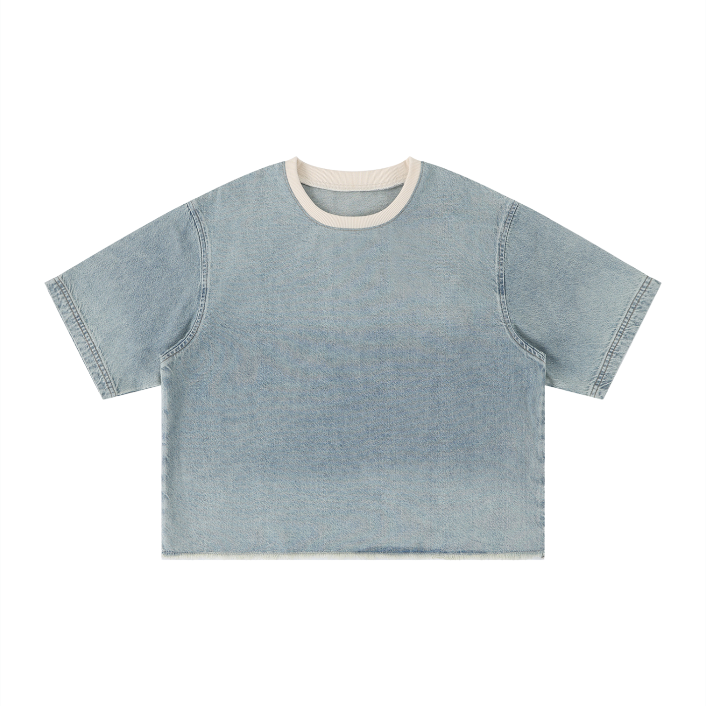 Unisex Vintage Wash Raw Hem Denim T-Shirt – Oversized Boxy Streetwear Denim Tee