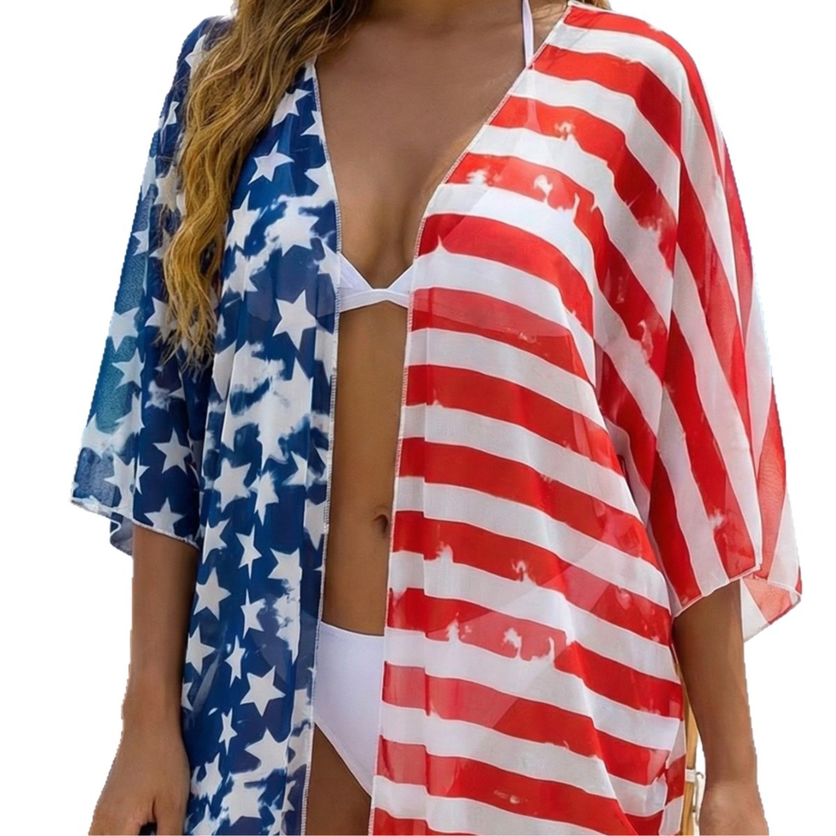 Starry Collage Color-Block Striped Batwing-Sleeve Beach Jacket