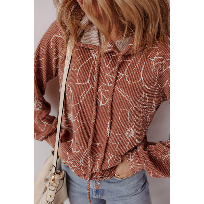 Fashionable All-match Flower Printed Long-sleeved Top Women