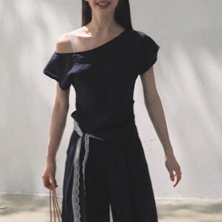 Linen Off-Shoulder Patchwork Casual Pant Set