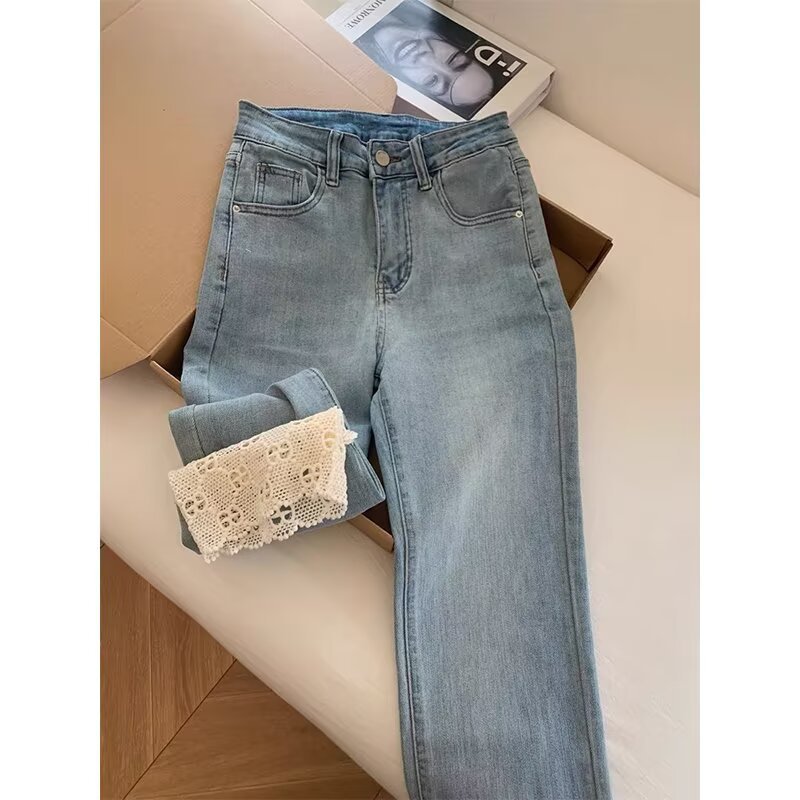 Women's Fashionable Retro Lace Straight-Leg Denim Jeans