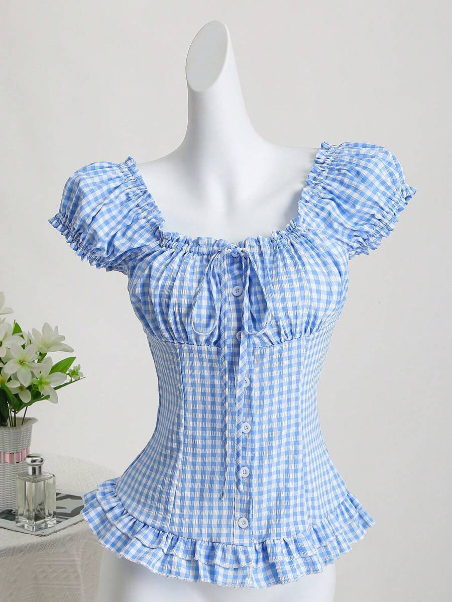 Plaid Cinched-waist Versatile Top For Women