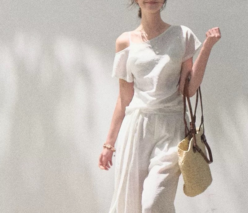 Linen Off-Shoulder Patchwork Casual Pant Set