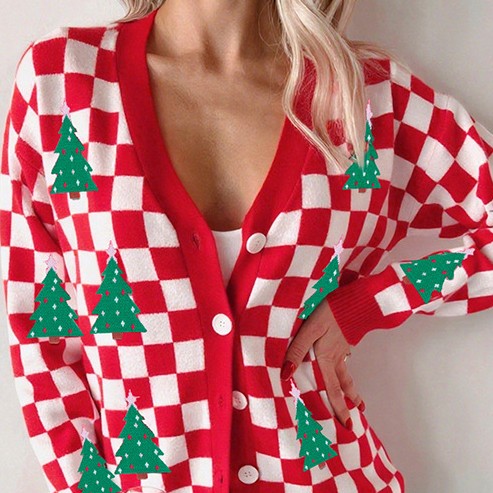 Fall New Single Row Multi-buckle Knitwear For Women European And American Fashion & Trend Christmas Printed Cardigan For Women