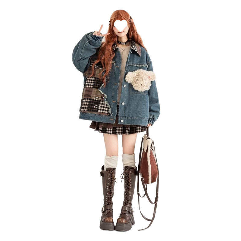 Women's Color Block Denim Coat – Loose Fit Cotton