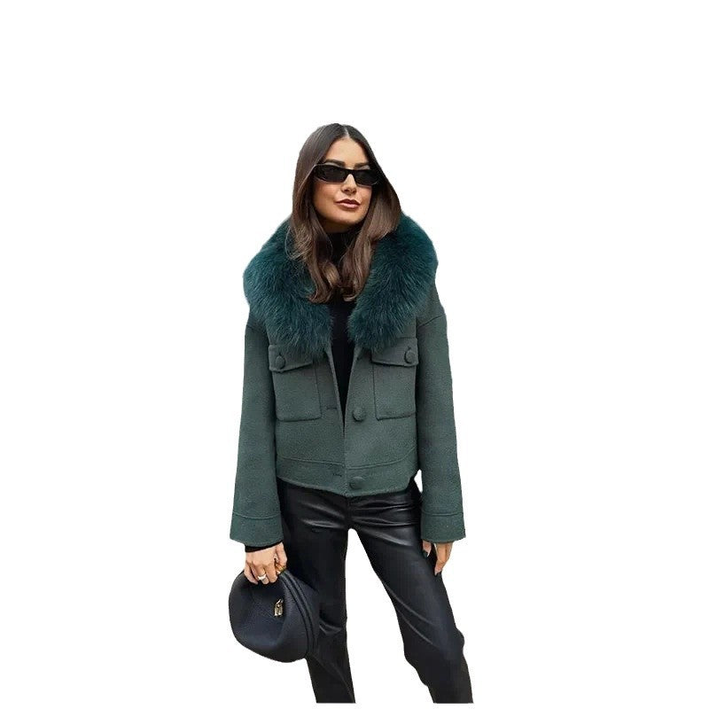 Elegant Single-Breasted Vintage Fur-Trimmed Flight Jacket For Women