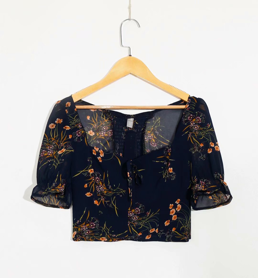 Womens Slim-fit Floral Puff-sleeve Short Top