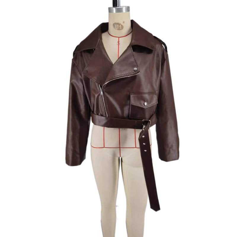 Turn-down Collar Short  Laced Brown Leather Jacket