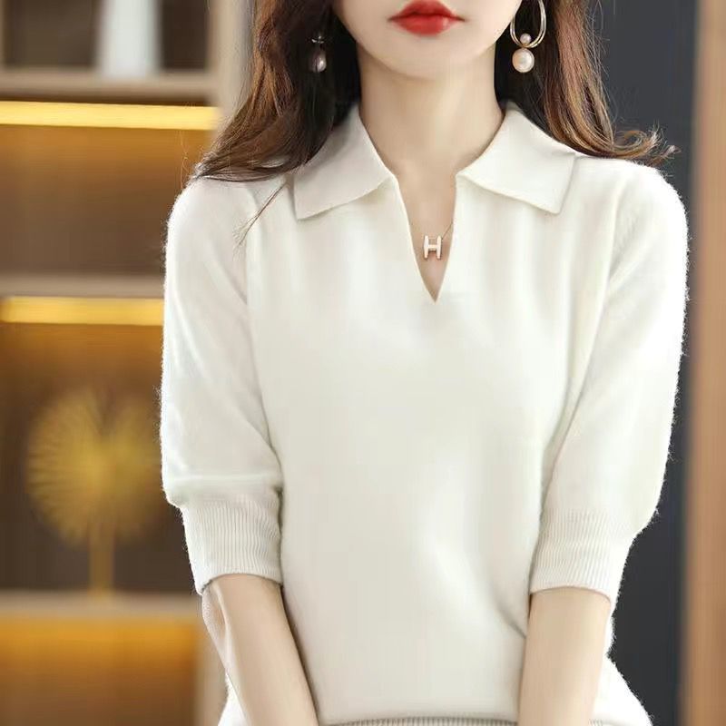 Five-Quarter Sleeve Lapel Sweater Base Layer Womens Top