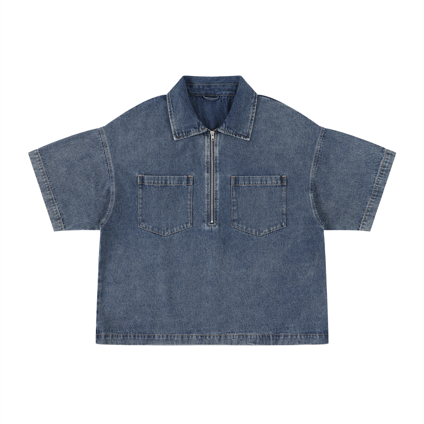 Unisex Oversized Vintage Wash Quarter Zip Denim Shirt – Boxy Streetwear Pullover