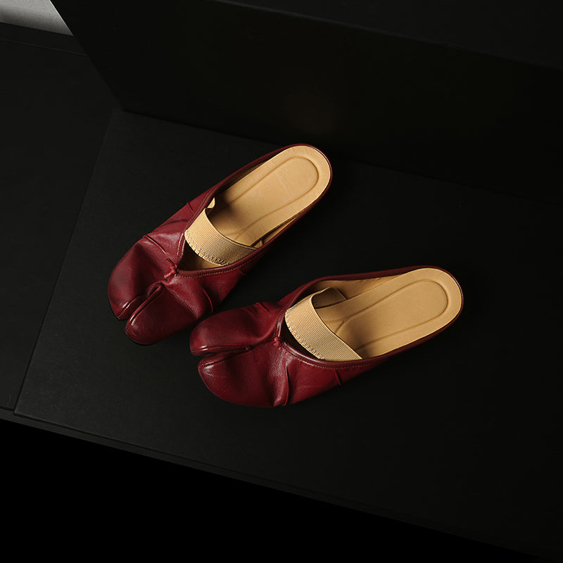 Women's Premium Washed Full Grain Leather Split-Toe Tabi Mules, Elastic Strap Ballet Flats