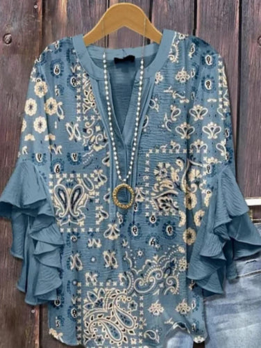 Printed Casual Trend V-necked Floral Edge Blouse