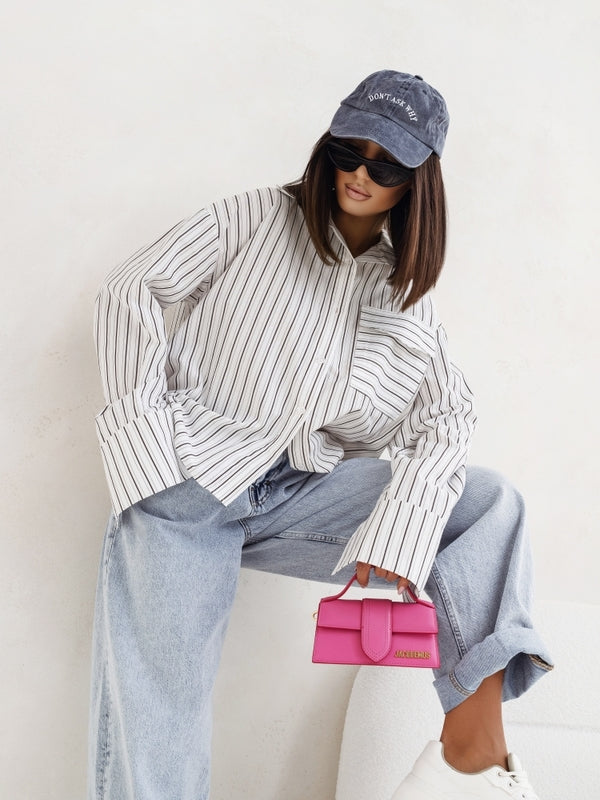 2026 NEW Women's Casual Stripes Shacket Button Down Long Sleeve Shirt Jacket Coats With Pockets