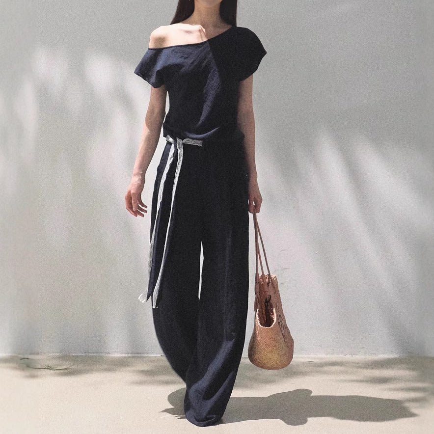 Linen Off-Shoulder Patchwork Casual Pant Set