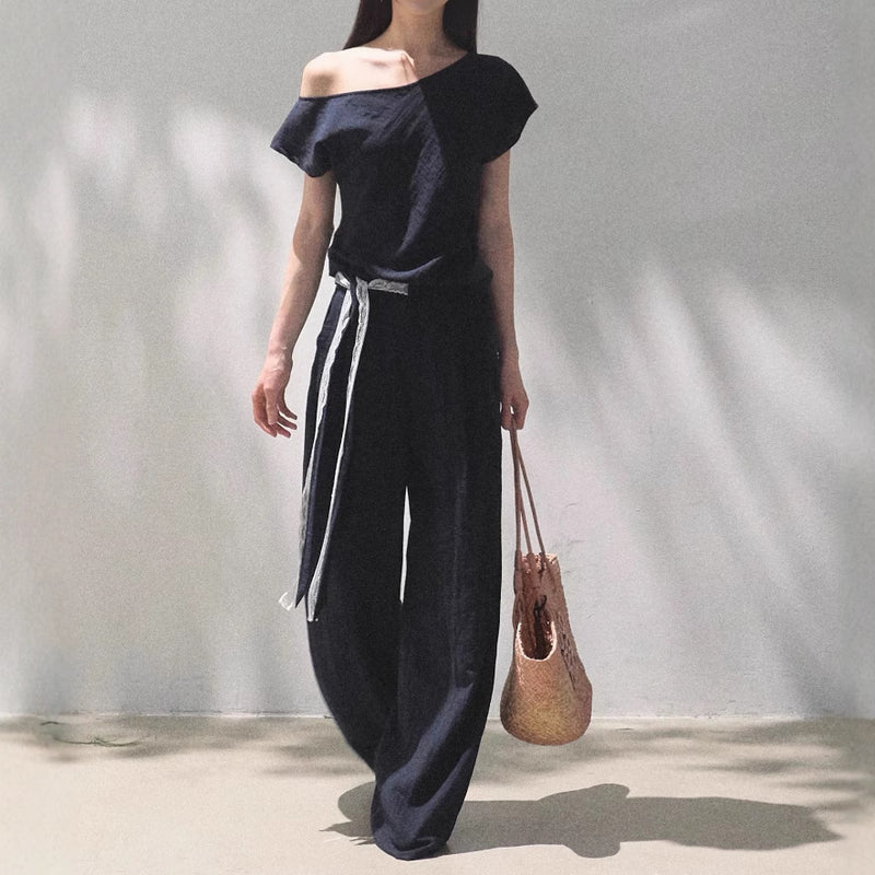 Linen Off-Shoulder Patchwork Casual Pant Set