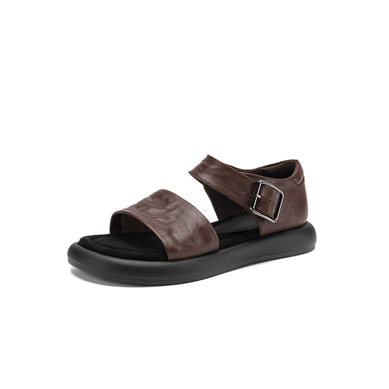 Women's Washed Full Grain Leather Platform Sandals, Two Strap Buckle Flat Shoes