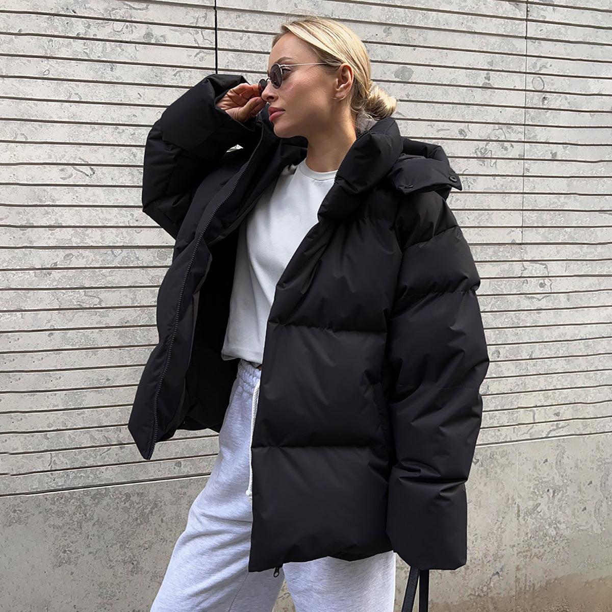Cotton-padded Coat Loose-fit Cotton Jacket Solid-color Hooded Cotton Garment