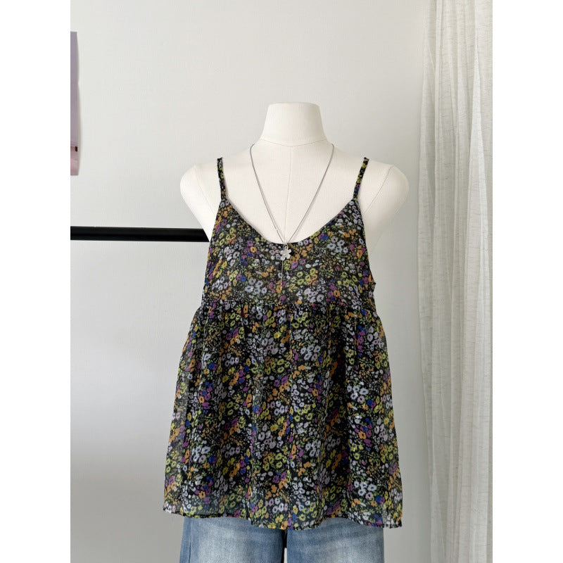 Korean-style Retro Floral Slip Vest Womens Resort Style