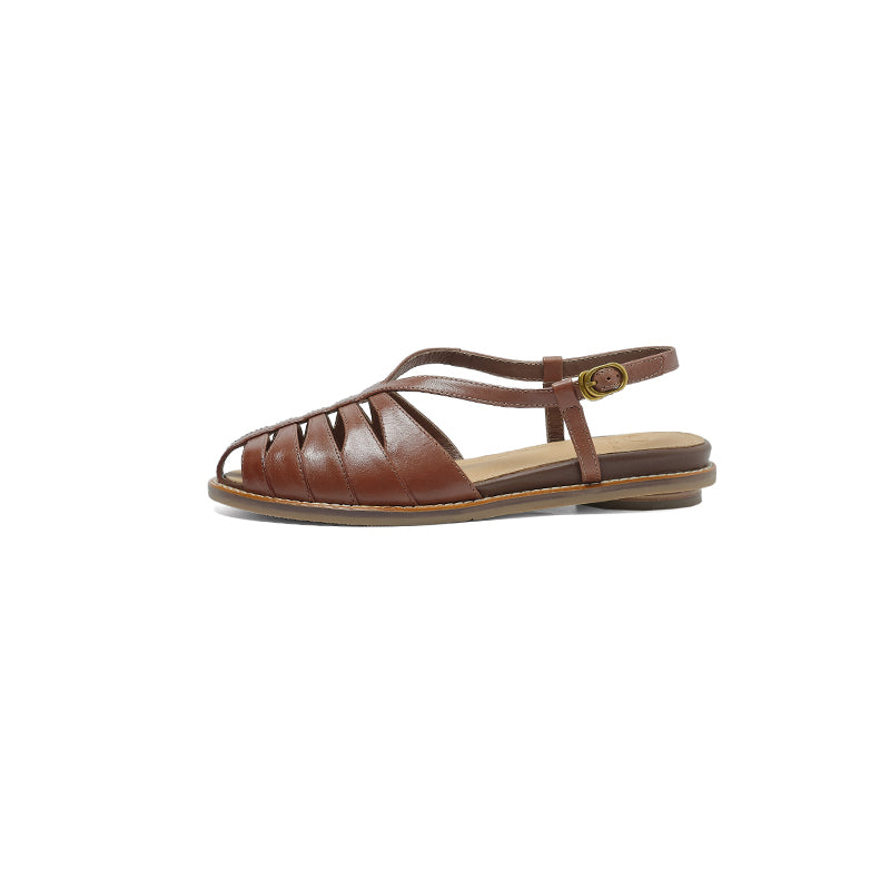 Women's Premium Full Grain Leather Woven Roman Sandals, Closed Toe Slingback Flat Shoes
