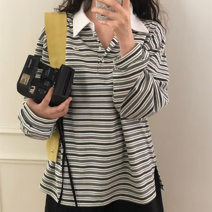 Simple Style Loose Striped Contrast Color Polo Collar Long Sleeve Top
